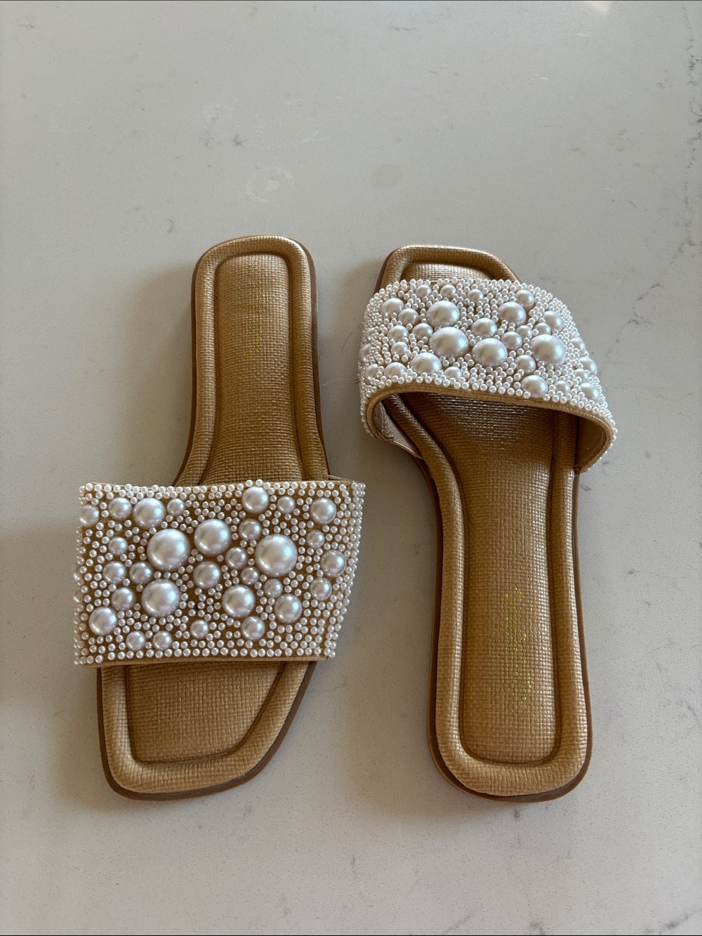 Sugar Pearl-Embellished Tan Slide Sandals